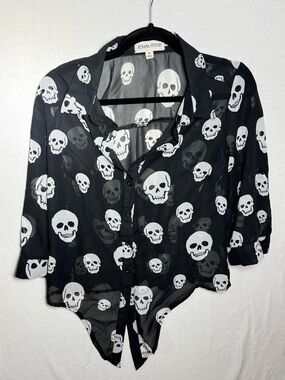 Zenana Styles Skull Print Sheer Button Front Tie Top Size Medium